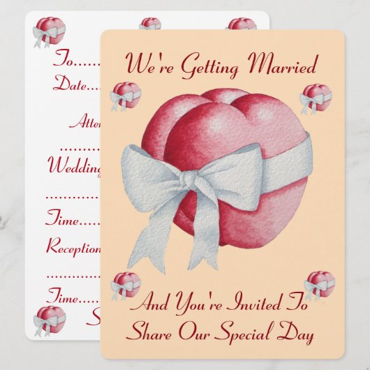 Rode harten met witte boog voor bruiloften Uitnodi Kaart (Voorkant / Achterkant)