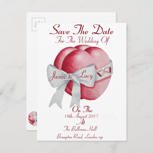Rode harten met witte strik lint Bewaar de datum Aankondigingskaart (Voorkant / Achterkant)
