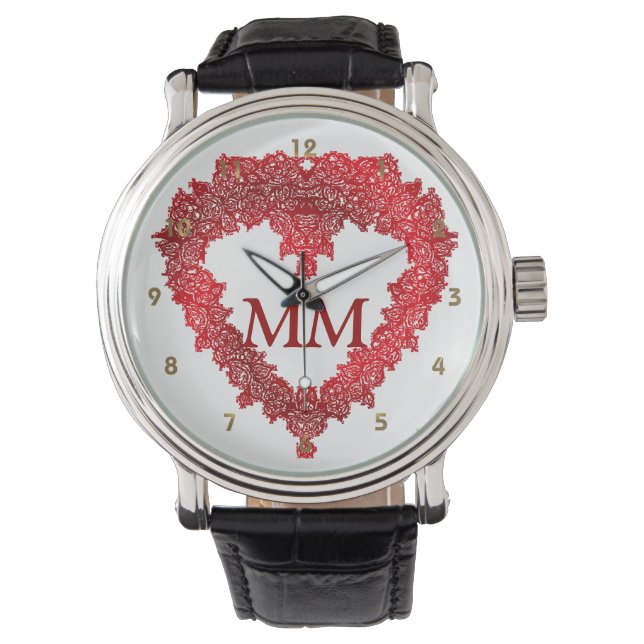 Rode harten monogram horloge (Voorkant)