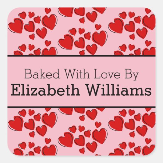 Rode harten op aangepaste naam gebakken met liefde vierkante sticker (Voorkant)