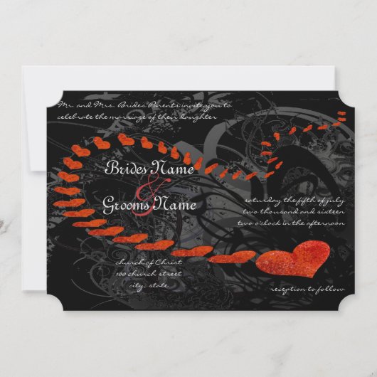 Rode harten op Black Swirls Wedding Invitation Kaart (Voorkant)