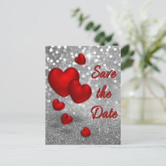 Rode harten op zilveren glitter - Sla de Kaart Dat (Staand voorkant)