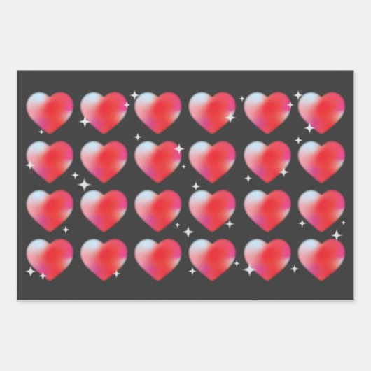 Rode harten op zwarte achtergrond, Valentijnsdag Inpakpapier Vel (Voorkant 3)