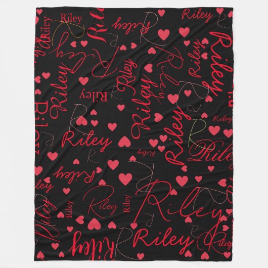 Rode harten op zwarte deken met naam (Voorkant)