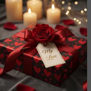 Rode harten op zwarte romantiek cadeaupapier