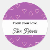 Rode harten patroon op paars ronde sticker (Voorkant)