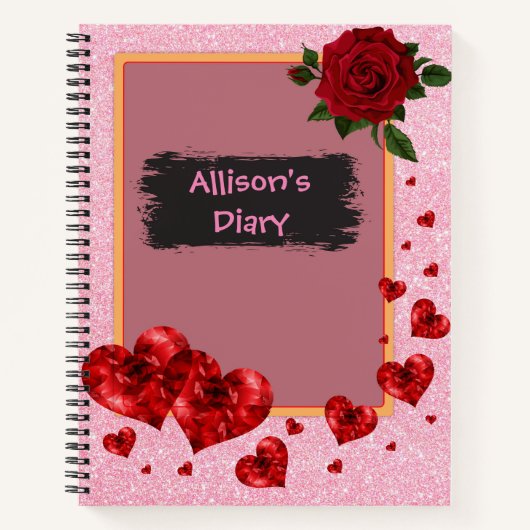 Rode harten & Roos glitter Notitieboek (Voorkant)