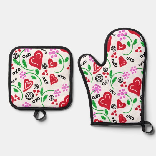 Rode harten roze bloemen ovenwant & pannenlap set (Voorkant)