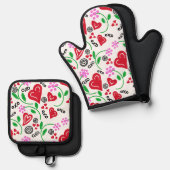 Rode harten roze bloemen ovenwant & pannenlap set (Voorkant / Achterkant)