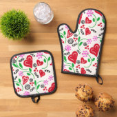 Rode harten roze bloemen ovenwant & pannenlap set (Top down)