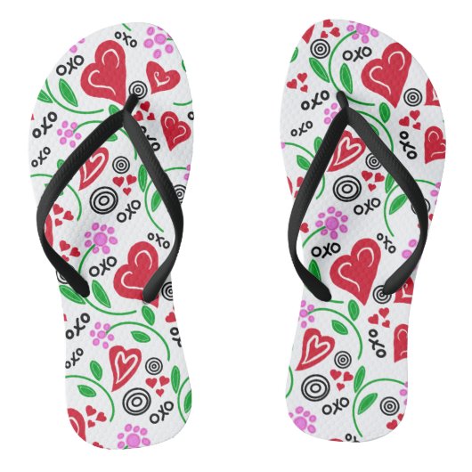 Rode harten roze bloemen teenslippers (Voetbed)