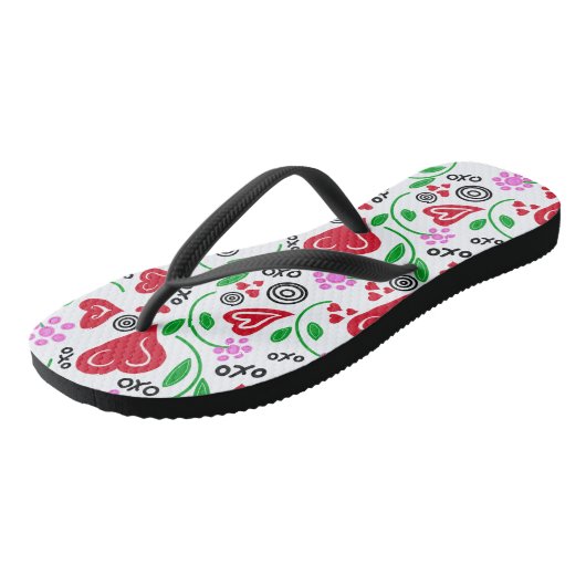 Rode harten roze bloemen teenslippers (Schuin)