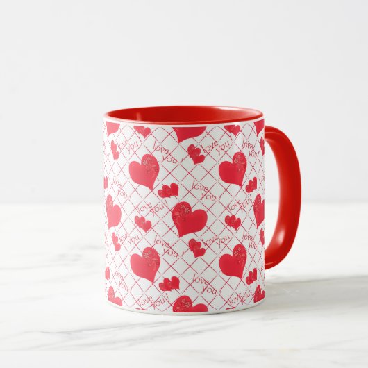 Rode harten, tekst, "hou van je", rood en wit. mok (Voorkant rechts)