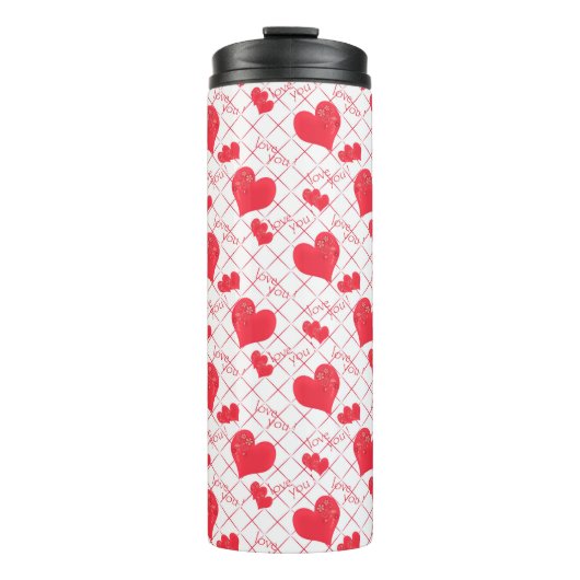 Rode harten, tekst, "hou van je". thermosbeker (Voorkant)