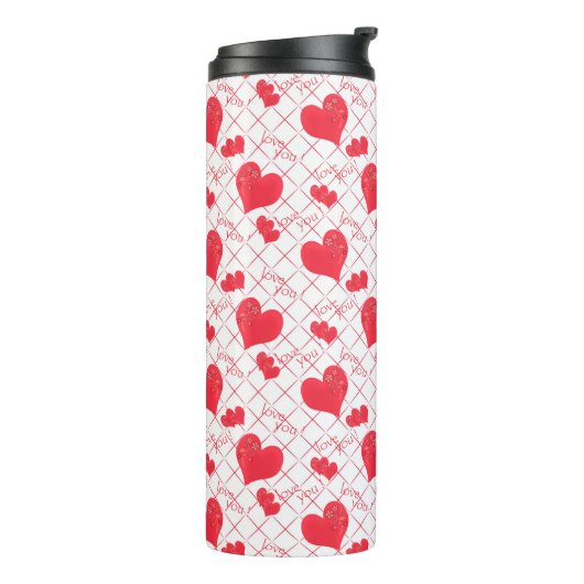 Rode harten, tekst, "hou van je". thermosbeker (Gedraaid links)