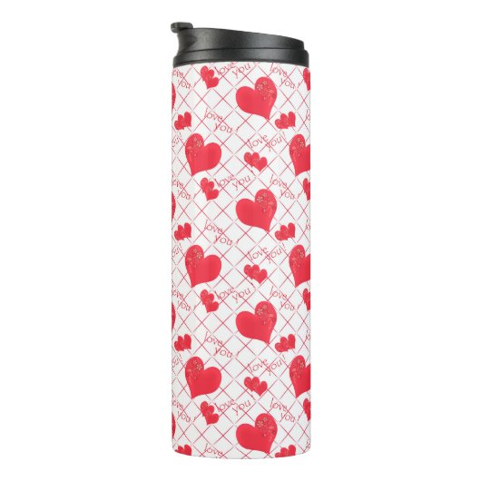Rode harten, tekst, "hou van je". thermosbeker (Geroteerd rechts)