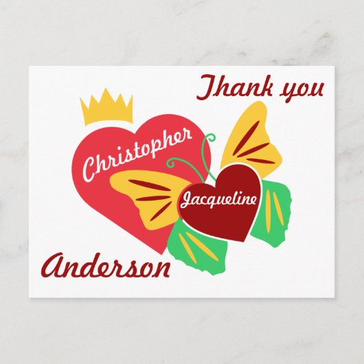 Rode harten, vlinder dank je wel briefkaart (Voorkant)