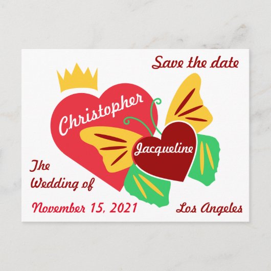 Rode Harten, Vlinder Save The Date Briefkaart (Voorkant)