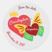 Rode harten, vlinder sparen de datum ronde sticker (Voorkant)