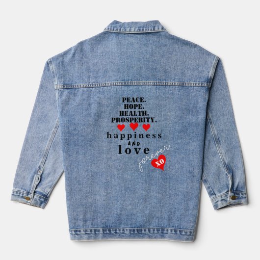 Rode harten vrede hoop gezondheid liefde denim jacket (Achterkant)