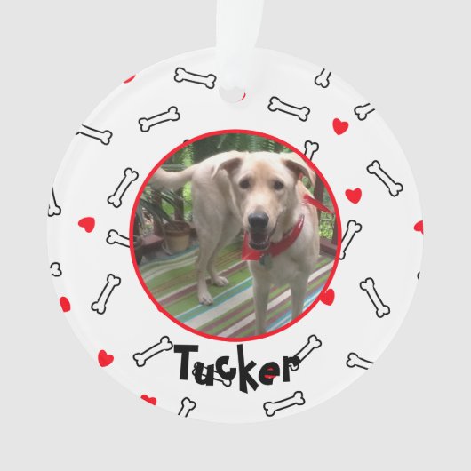 Rode harten witte Botten hond foto Ornament (voorkant)