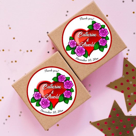 Rode hartroze rozen Bedankt voor je huwelijk. Ronde Sticker
