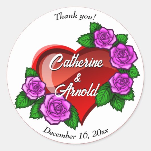 Rode hartroze rozen Bedankt voor je huwelijk. Ronde Sticker (Voorkant)