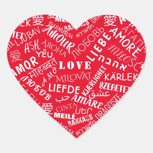 Rode Hartsticker met Liefde Tekst Meertalig Cadeau Hart Sticker (Voorkant)