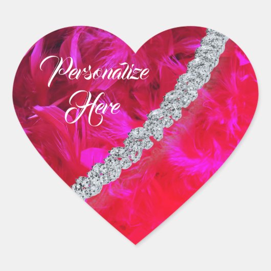 Rode hartveer boa gedrapeerde diamanten sticker (Voorkant)