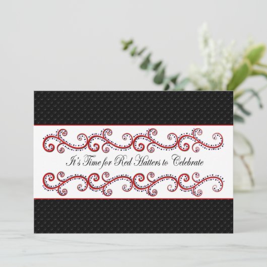 RODE HATTER-INVITATIE - FANCY ZWART/BLK/RED KAART (Staand voorkant)