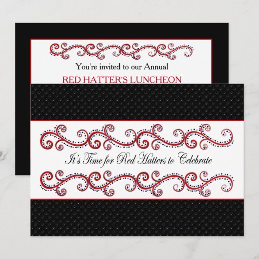 RODE HATTER-INVITATIE - FANCY ZWART/BLK/RED KAART (Voorkant / Achterkant)