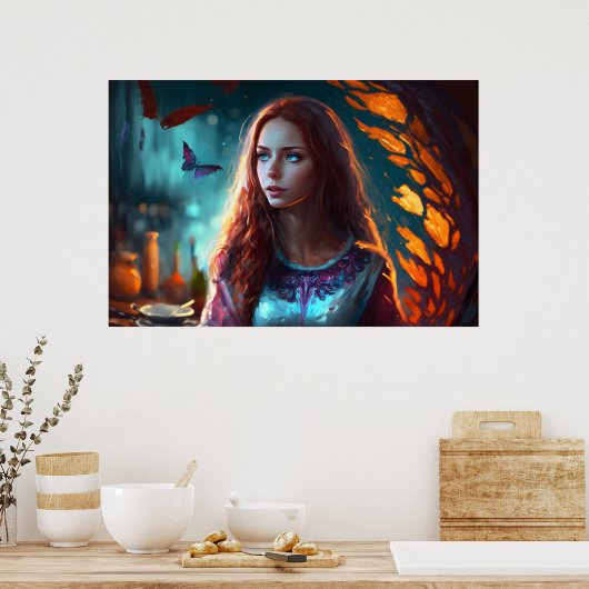 Rode heks, blauwe ogen, roodkopschoonheid poster (Keuken)