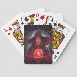 Rode Heks Met Kristallen Bol En Verbazingwekkende Pokerkaarten