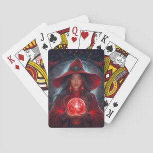 Rode Heks Met Kristallen Bol En Verbazingwekkende Pokerkaarten