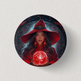 Rode Heks Met Kristallen Bol En Verbazingwekkende  Ronde Button 3,2 Cm