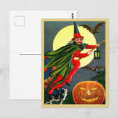Rode heks op Broomstick -  Halloween Briefkaart (Voorkant / Achterkant)