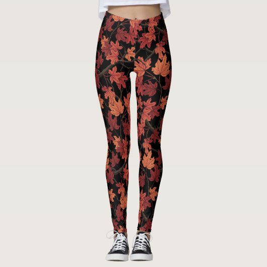 Rode herfst esdoornbladeren op zwart leggings (Voorkant)