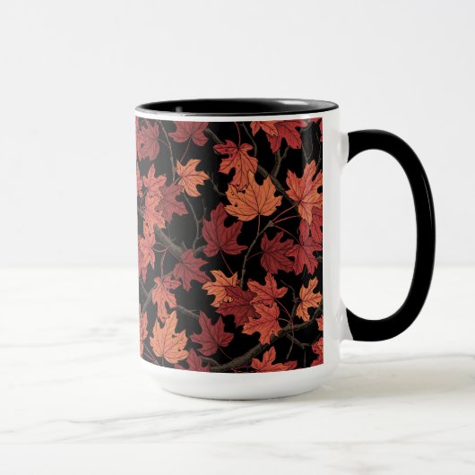 Rode herfst esdoornbladeren op zwart mok (Rechts)