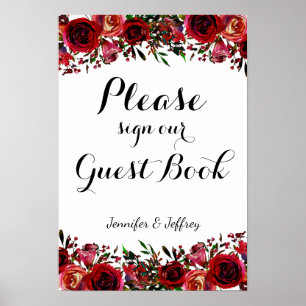 Rode Herfst herfst Floral Wedding Guest Book Sign Poster