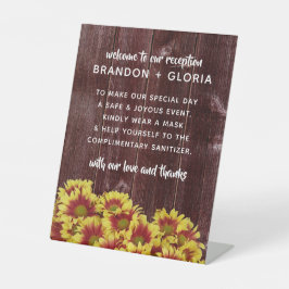 Rode herfst zonnebloemen op hekwerk bruiloft reclamebord met voetstuk