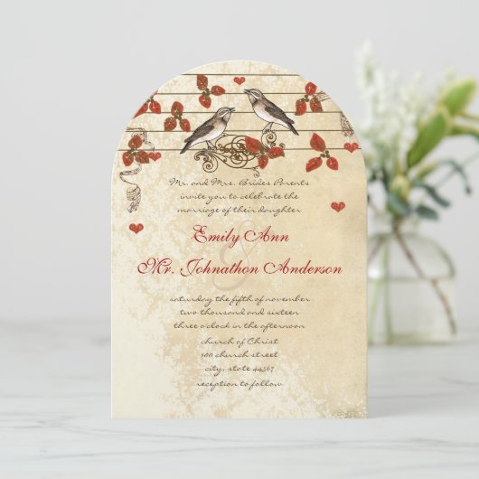 Rode Herfstblad Vintage Liefdesvogel Bruiloft Kaart (Staand voorkant)