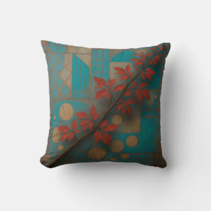Rode Herfstbladeren Turquoise Geometrisch Mozaïek Kussen