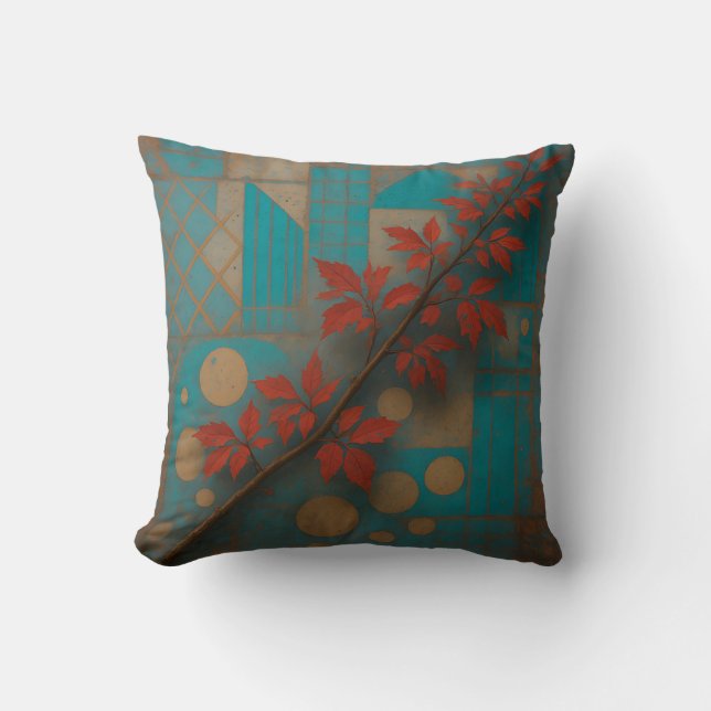 Rode Herfstbladeren Turquoise Geometrisch Mozaïek Kussen (Voorkant)