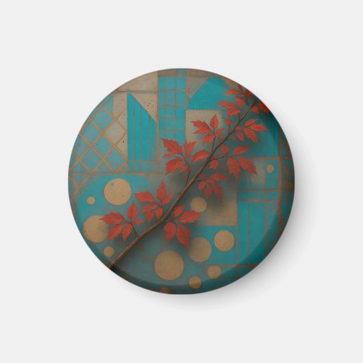Rode Herfstbladeren Turquoise Geometrisch Mozaïek Magneet (Voorkant)