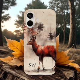 Rode herten in het bos monogrammed iPhone 16 hoesje