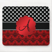 Rode het damast zwarte stippen van het monogram muismat (Voorkant)