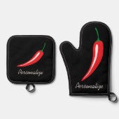 Rode hete chili peper tekening gepersonaliseerde k ovenwant & pannenlap set (Voorkant)