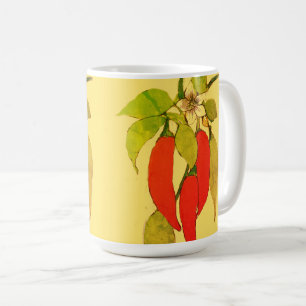 Rode hete chilipepers op wijnstok groene bladeren  koffiemok