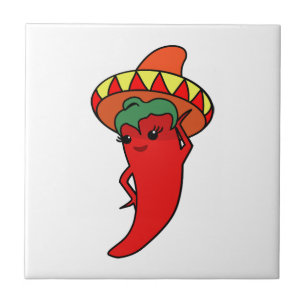 Rode Hete Kawaii Peper Diva Mexicaanse Sombrero Tegeltje