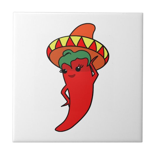 Rode Hete Kawaii Peper Diva Mexicaanse Sombrero Tegeltje (Voorkant)